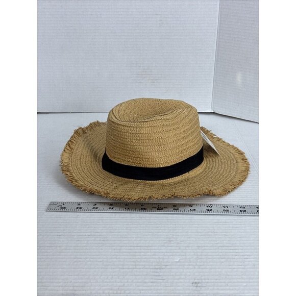 Fashion Hat Woven Sun Hat Fringed Grosgrain Ribbon Band NWT Tan Black 9034 - Picture 4 of 15